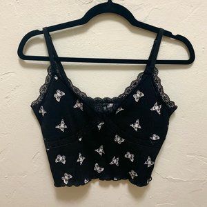 Butterfly black and white crop tank top with lace